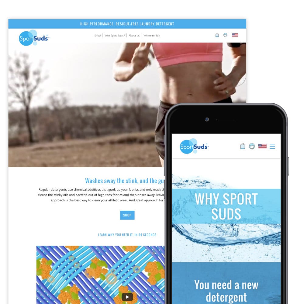 Home goods Shopify website design for ecommerce selling sports laundry detergent. Sport Suds