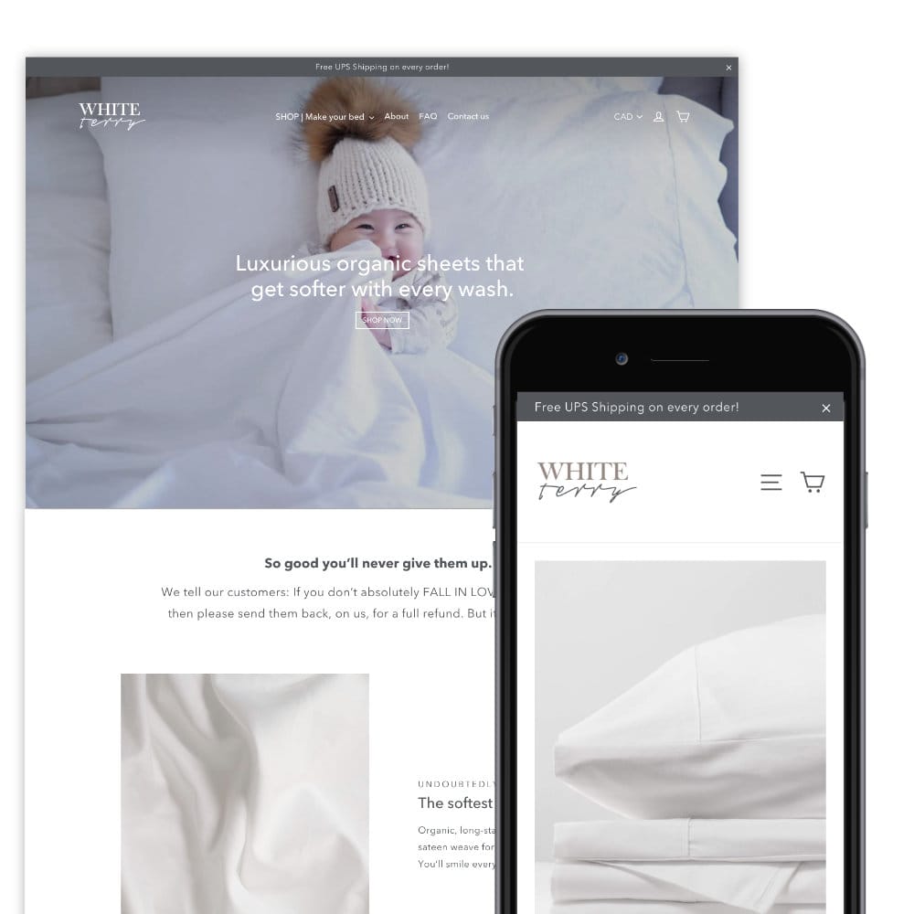 White Terry Shopify website design displayed on desktop and mobile phone