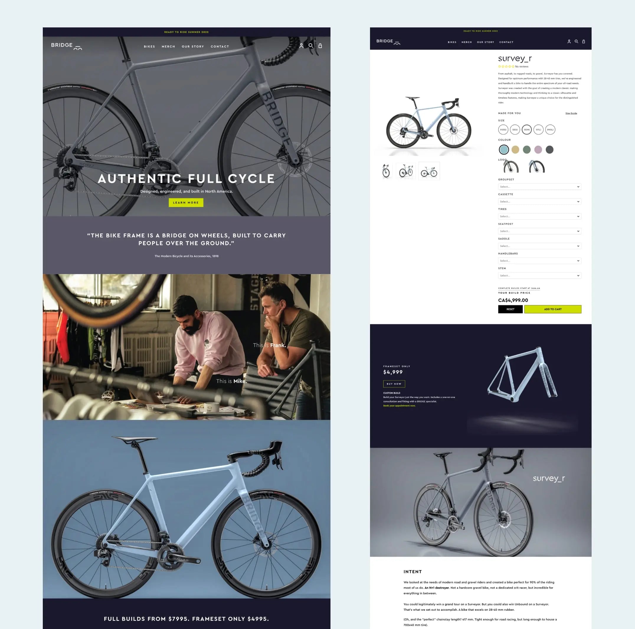 Home page and product page screen grabs from the Bridge Bike Works website